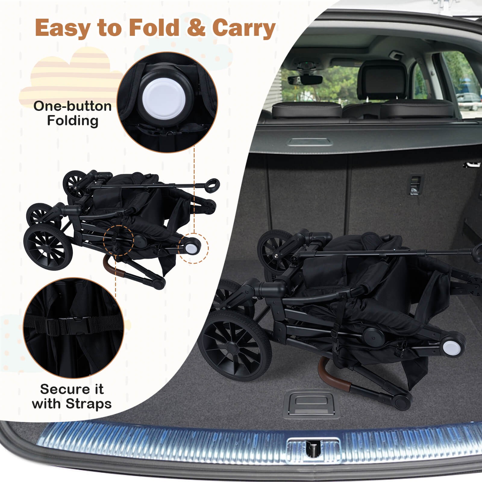 Foldable Wagon Stroller for 2 Kids, Double Seater Toddler Stroller w/ Canopy