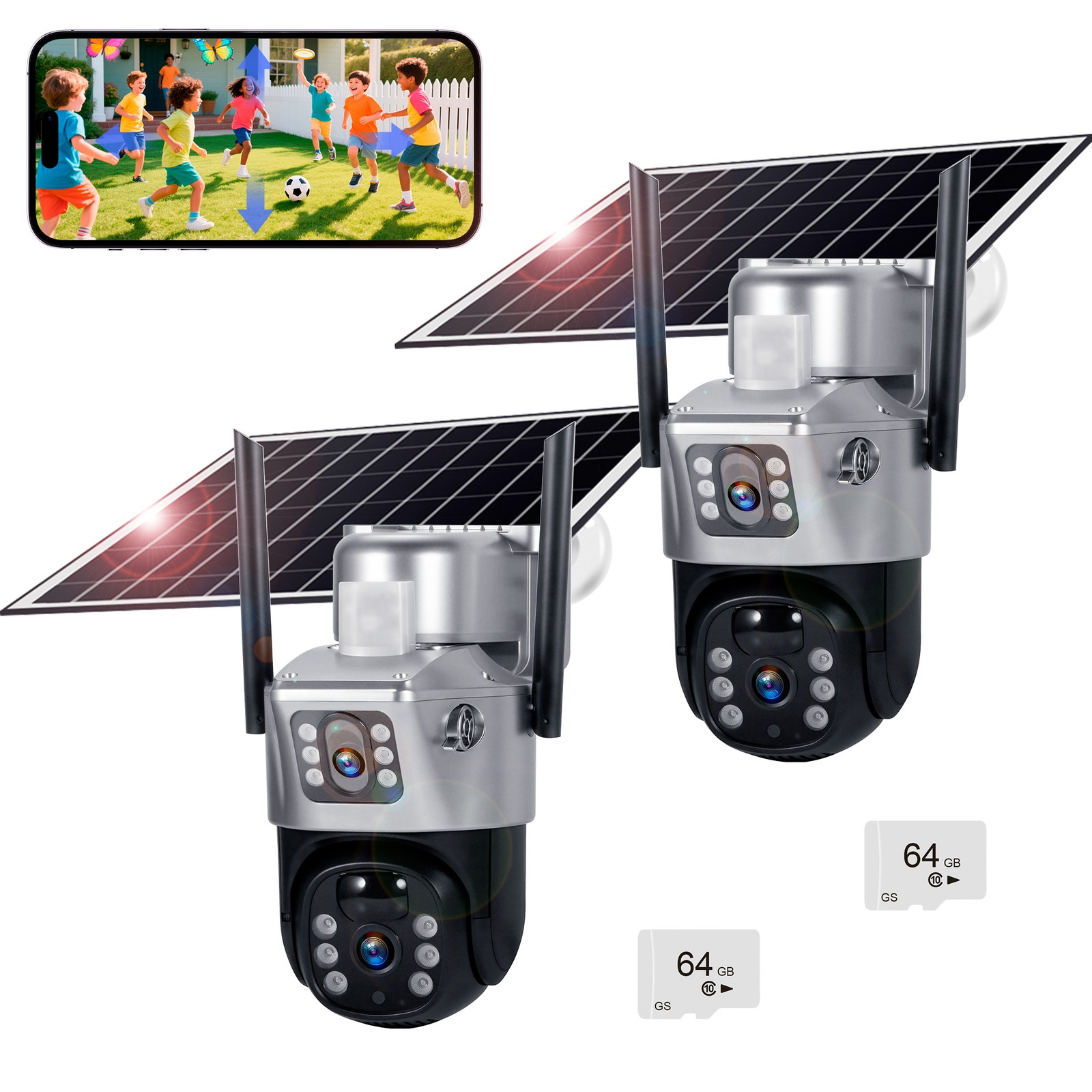 Outdoor Wireless Solar 2 Pack 4MP Dual Lens Security Camera w/64GB SD Card