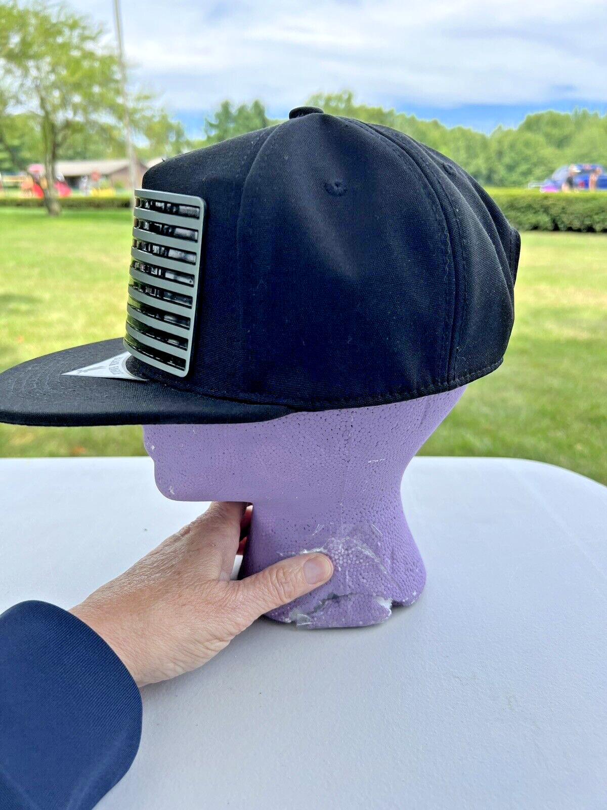 Black Eagle Hat Snapback w/Metal American Silver Flag Riveted on Front EUC