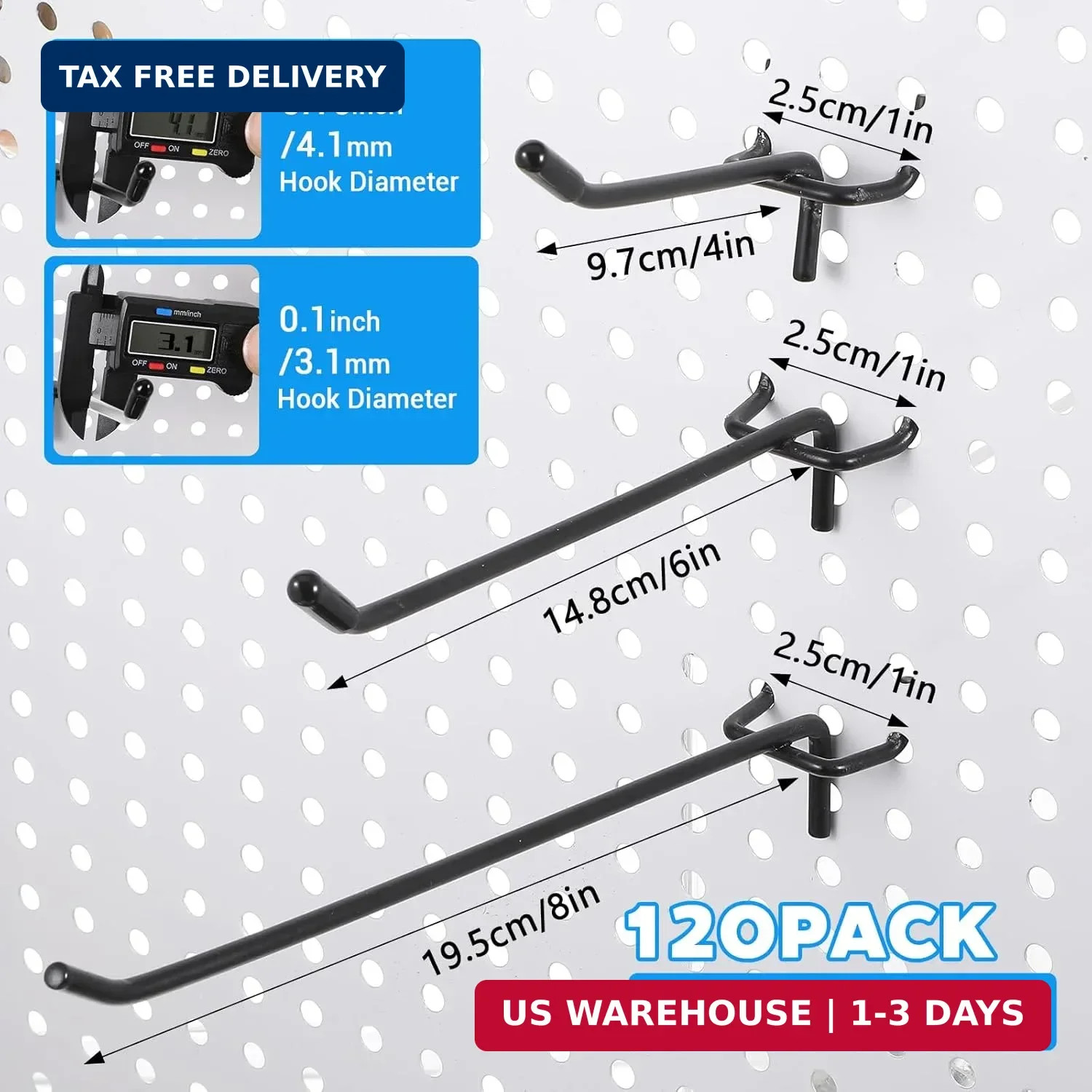 120 Pack Pegboard Hooks, 4/6/8 Inch Peg Board Shelving Hook for Hanging Tools Fi