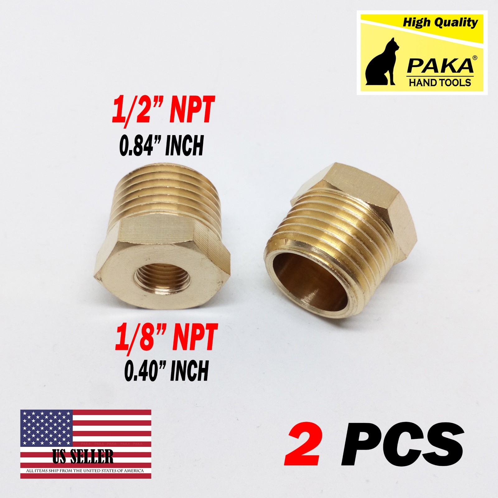 1/2" Male x 1/8" Female NPT  Pipe reducer Hex Bushing adapter Brass Fitting 2pc