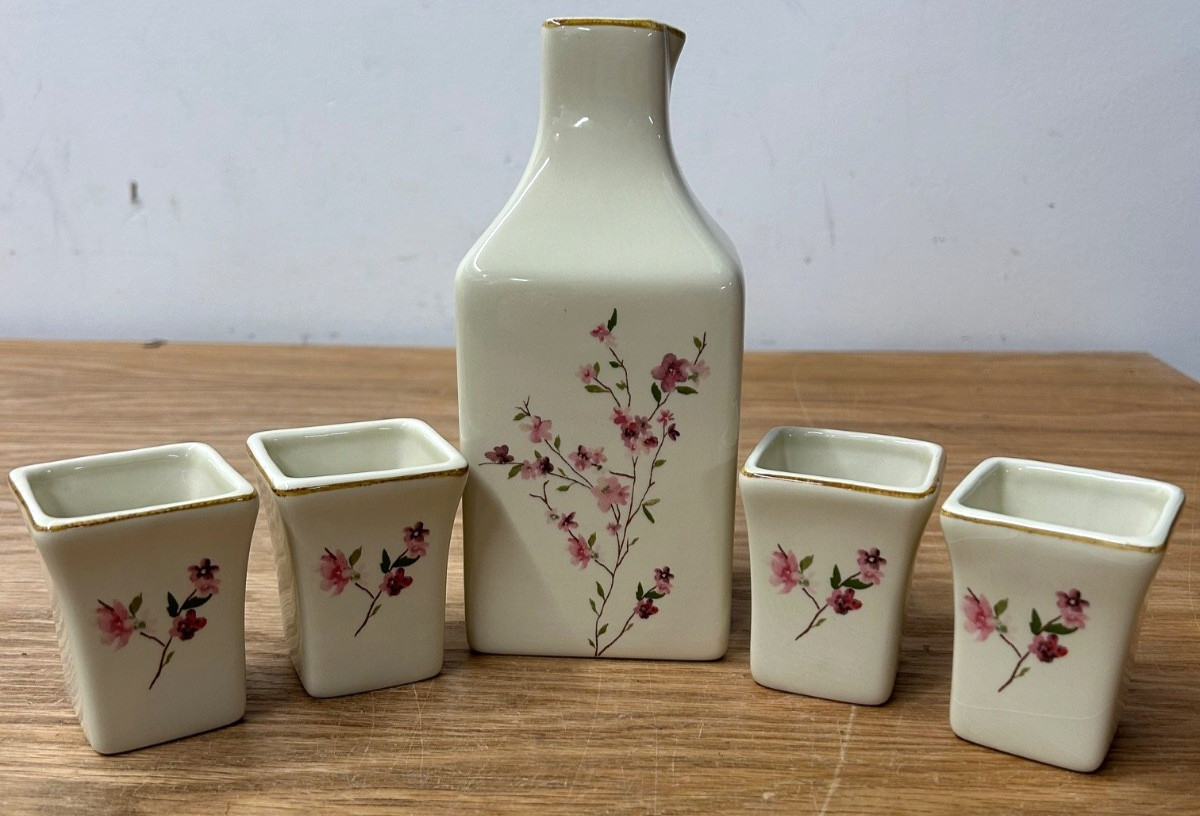 Pottery Barn Sake Set Blossom Floral Discontinued Square Pitcher & 4 Cups
