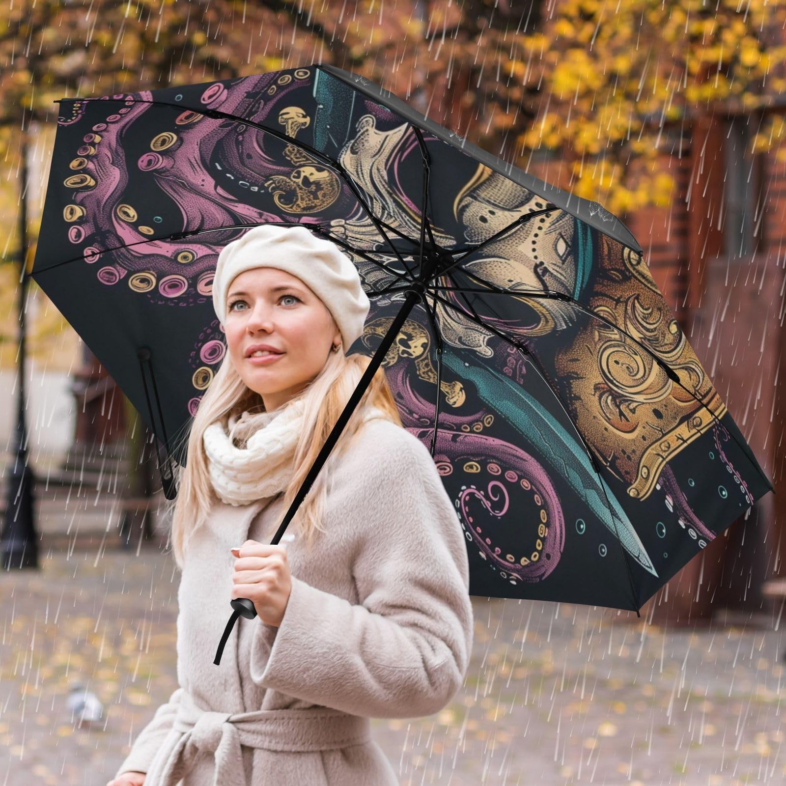 Large Windproof Umbrella Auto Open Folding Umbrella, 8 Ribs Rain Proof Revers...