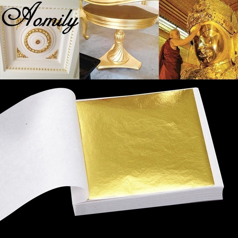 Aomily Pure Gold Leaf Sheets 9x9cm 100Pcs Gilding Craft Decoration
