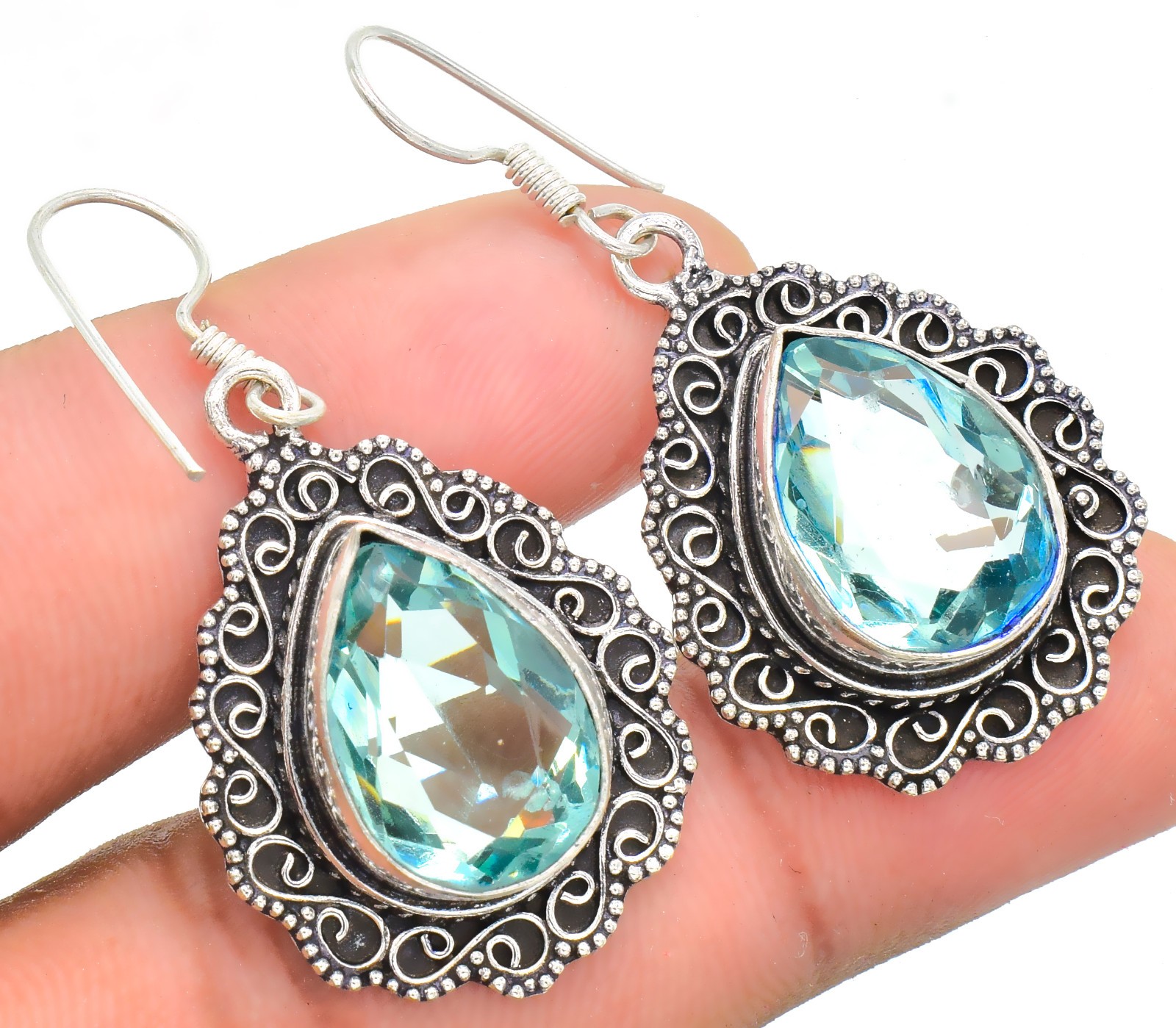 Blue Aquamarine Gemstone 925 Sterling Silver Jewelry Handmade Earring Sz 1.5''