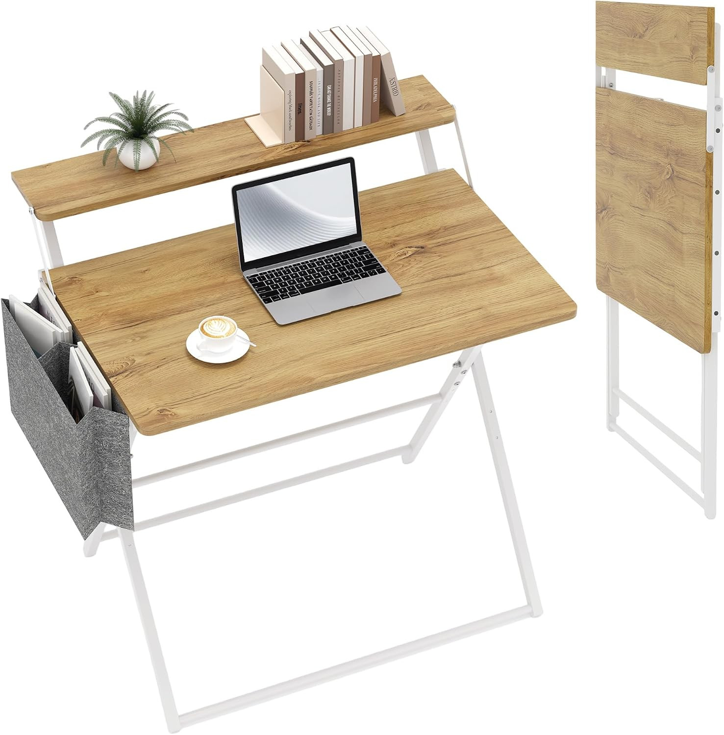 Small Desk No Assembly,31.5Inch 2-Tier Compact Computer Desk with Shelf & Side P