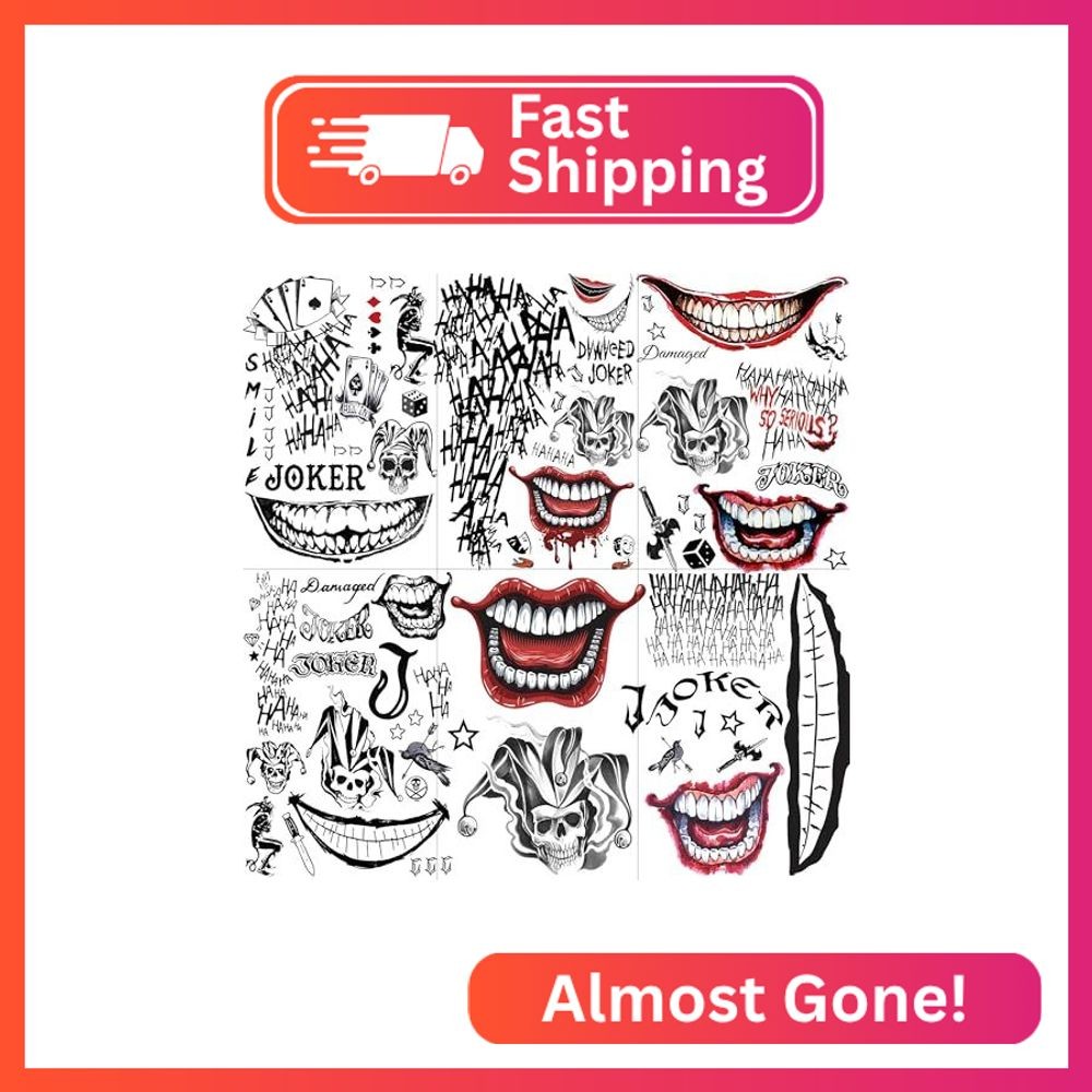 FANRUI 6 Sheets Joker Tattoos Halloween Face Makeup Kit, Temporary Tattoos For M