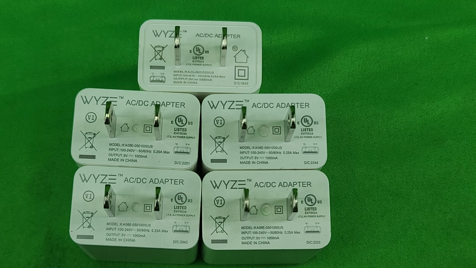 Lot of 5 WYZE USB Power Adapter 100V-240V 5V 1000mA KA06E-0501000US