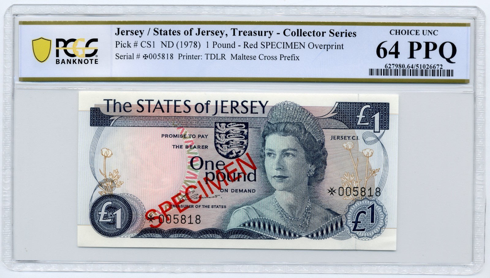 1978 £1 States of Jersey, SPECIMEN, Pick# CS1 - PCGS Choice UNC 64 PPQ
