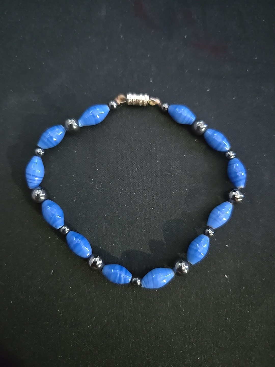 Stunning Blue Glass Artisan Bead And Hematite Bead Bracelet With Barrel Clasp