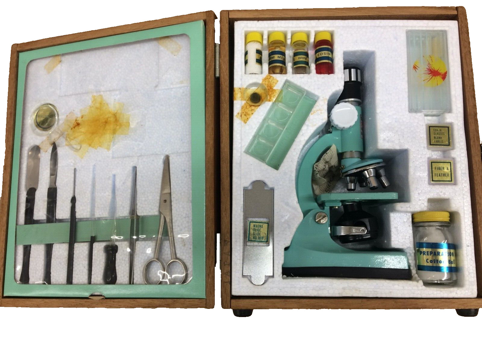 Vintage Tasco 50 x 750 Power Zoom Microscope Kit Wood Case Perfect Lamp & Slides