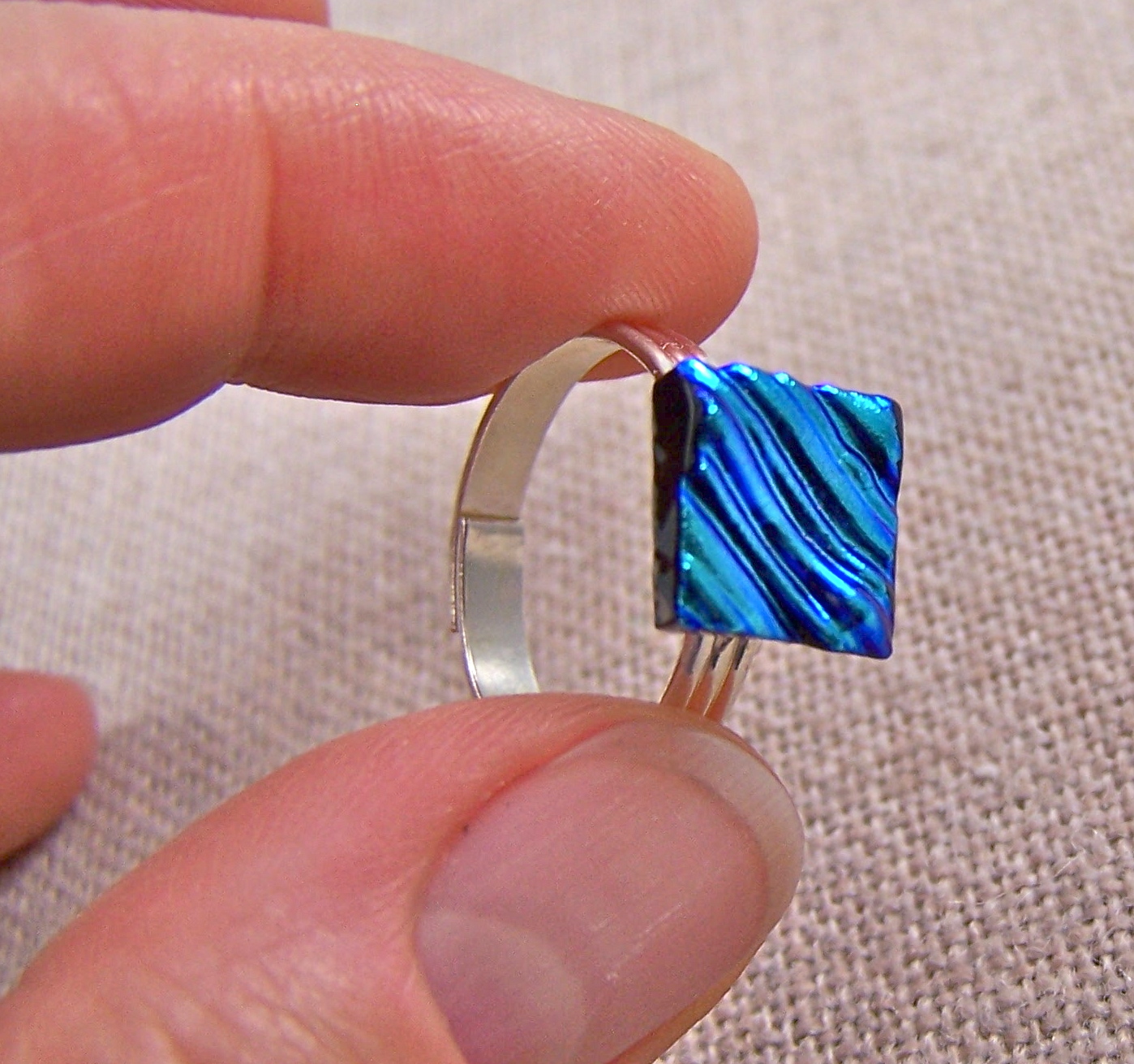 Dichroic Glass Ring Adjustable Tiny 1/4" 7mm Medium Blue Teal Ripple Texture