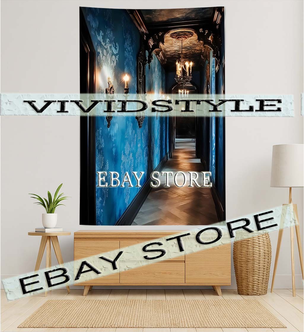 Blue Candlelit Corridor Tapestry hallway gothic mansion eerie luxury 39X59 in
