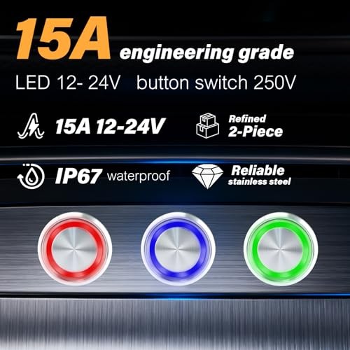 15Amp Push Button Switch，(0.75") 12V-24V Latching Push Button Switch 19mm Blue