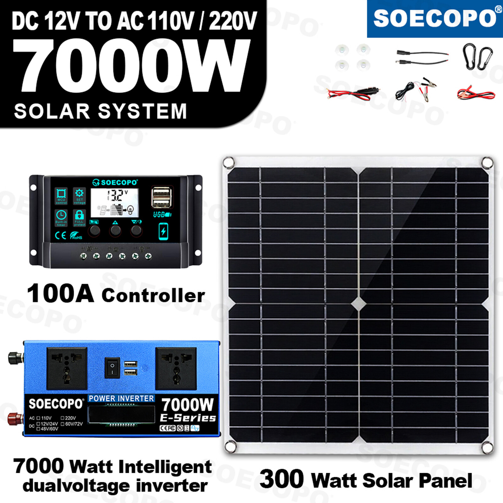 7000W Complete Solar Panel Kits Solar Power Generator 100A Home 110V/220V System