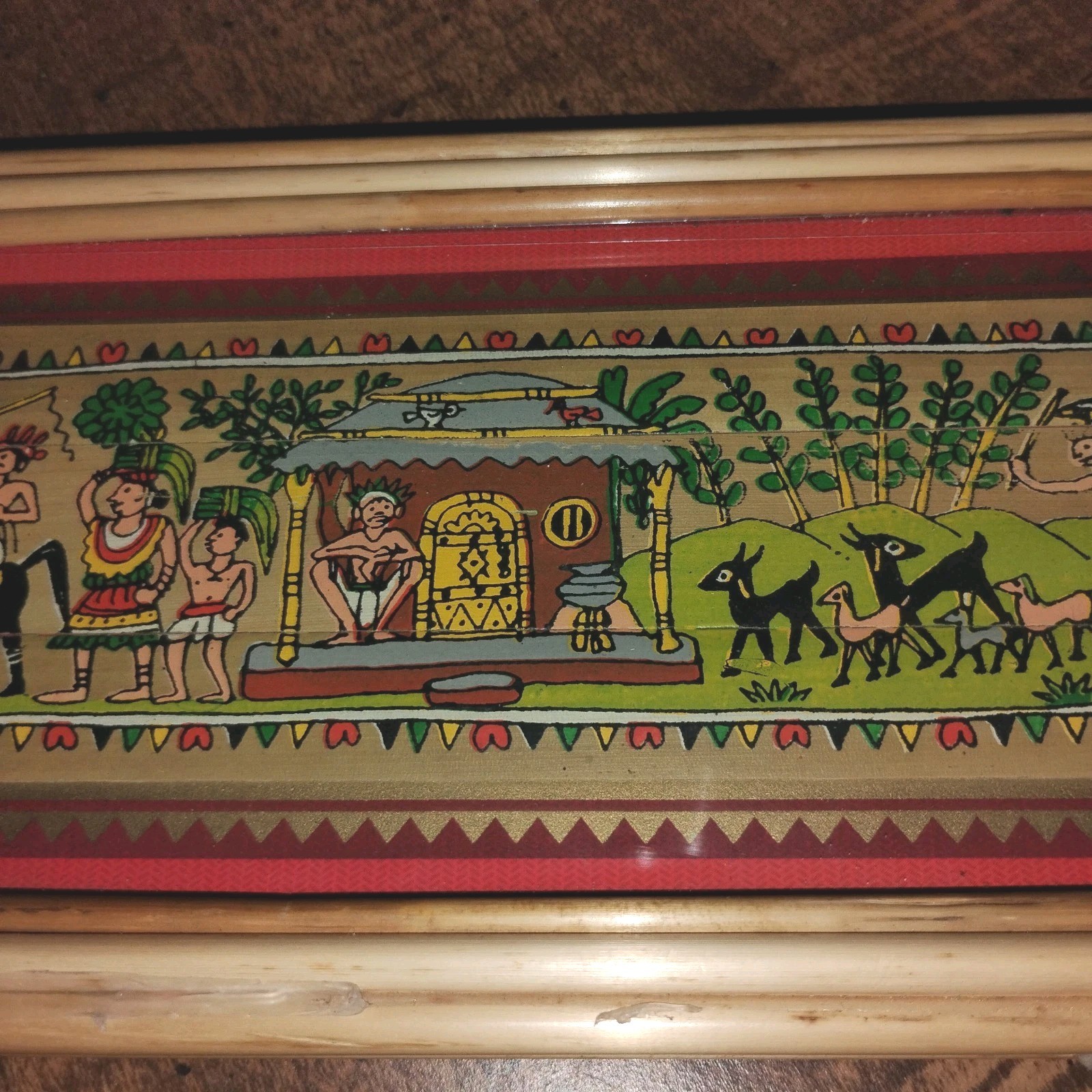 Pattachitra Palm Leaf Painting Handmade Cane Stick Frame. Animals & People 9x4
