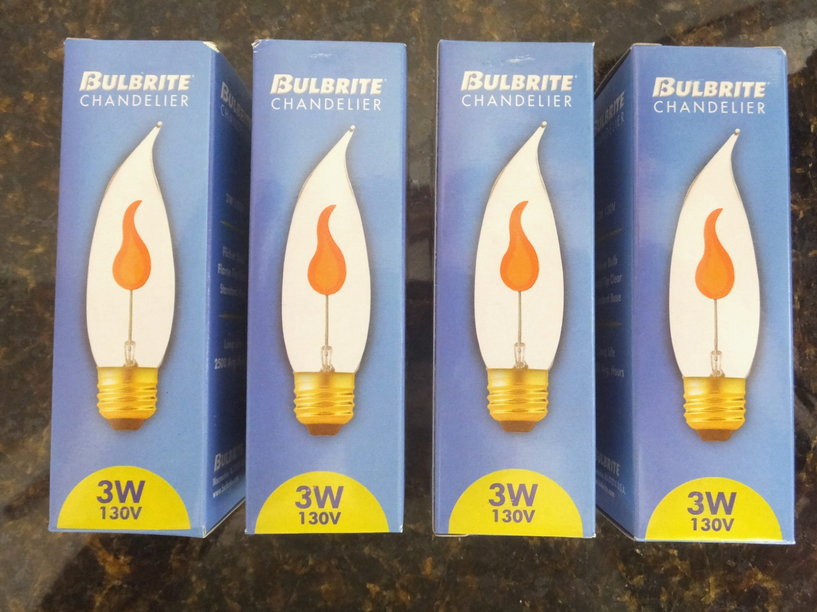 4 Bulbrite Chandelier Standard Base 3 Watt 130 Volt Flicker Bulb Flame Tip Clear