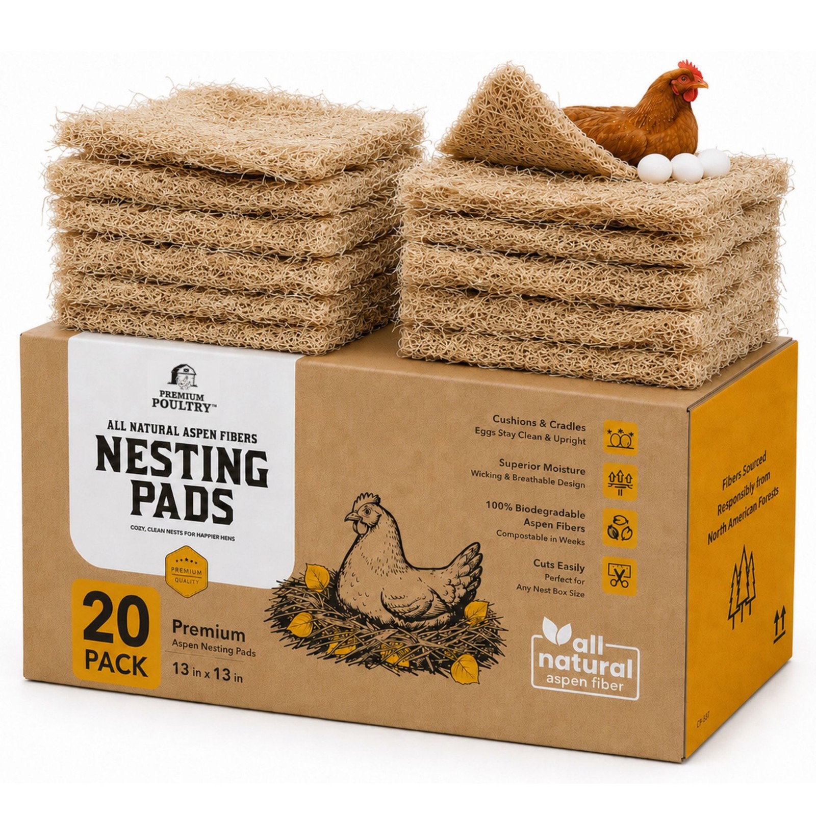Premium Poultry 20-Pack Aspen Nesting Pads for Chicken Coop Nest Boxes, Tan