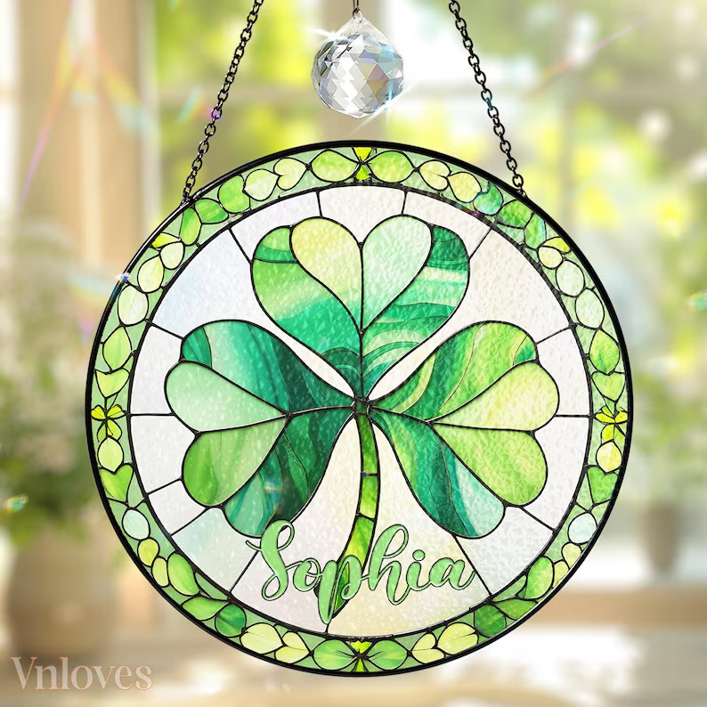 Personalized Shamrock Stained Glass Suncatcher Irish Celtic Window Decor