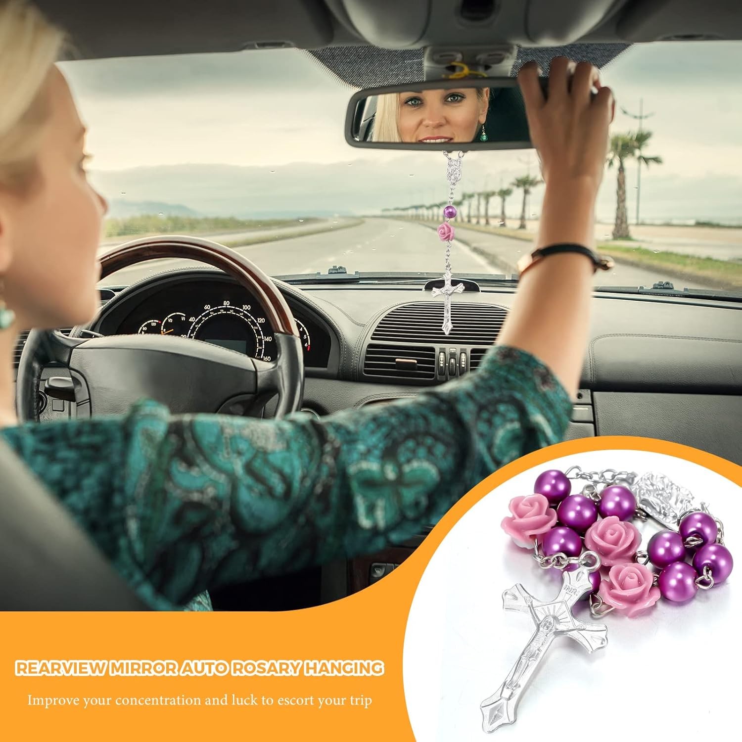 2 Pieces Car Rosary Rearview Mirror Auto Rosary Religious Car Mirror Hanging Acc