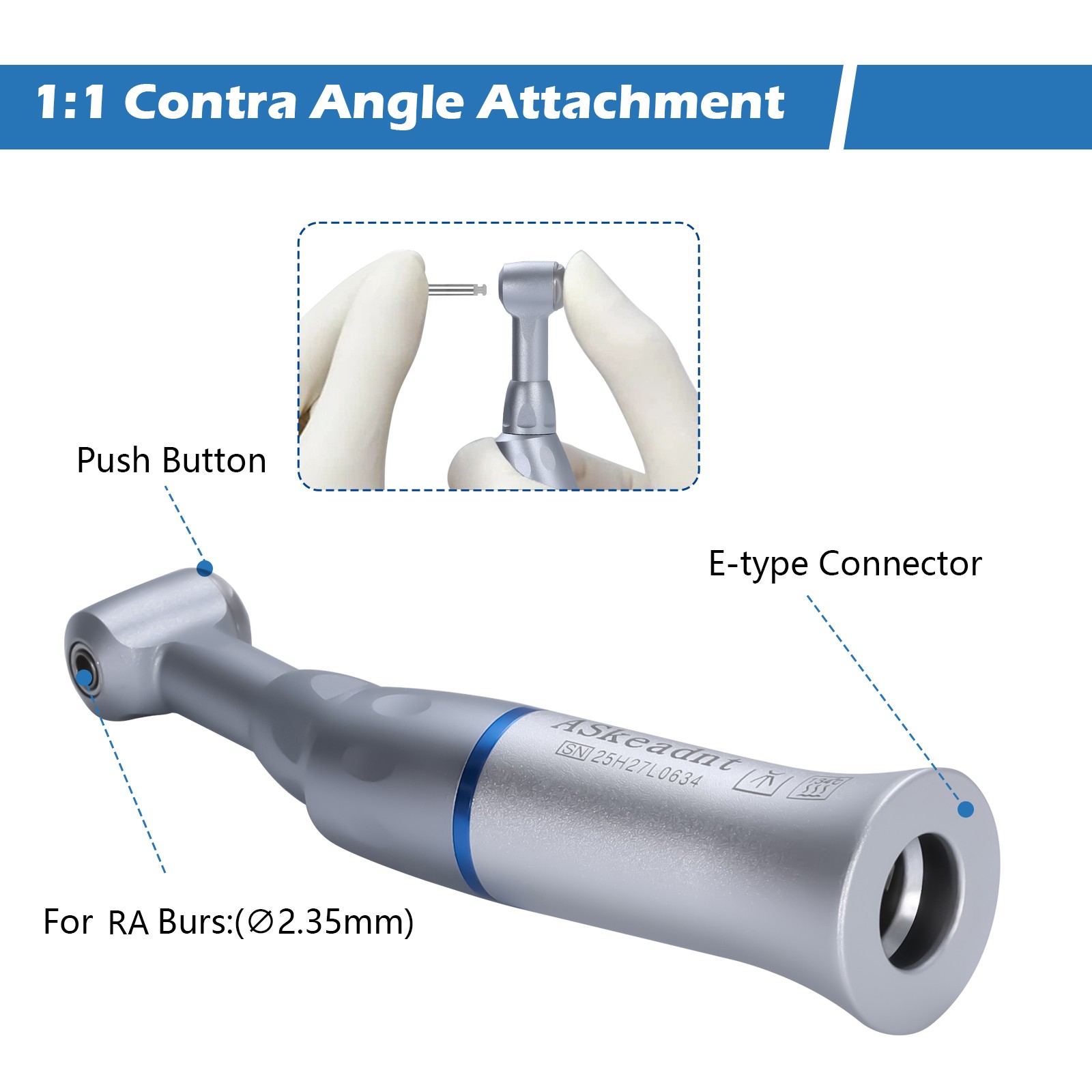 3Pcs Dental 1:1 Low Slow Speed Push Button Contra Angle Handpiece E-type AS