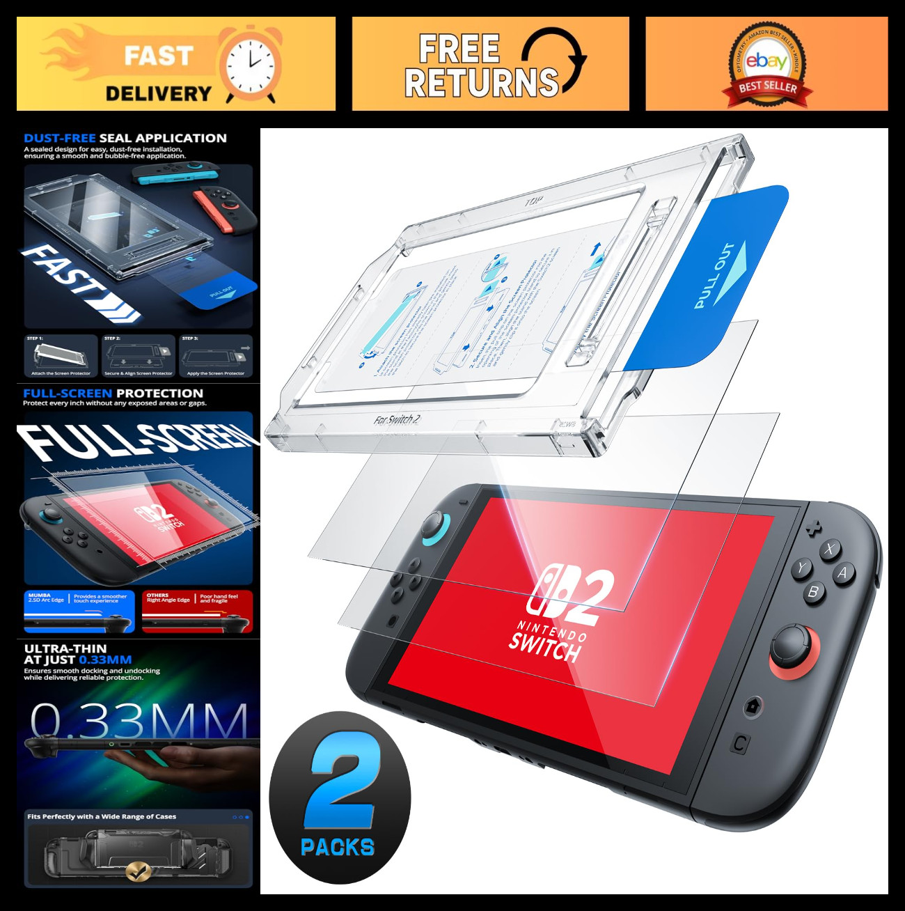 2 Pack Tempered Glass Screen Protector for Nintendo Switch 2 - HD Clear, Scratch