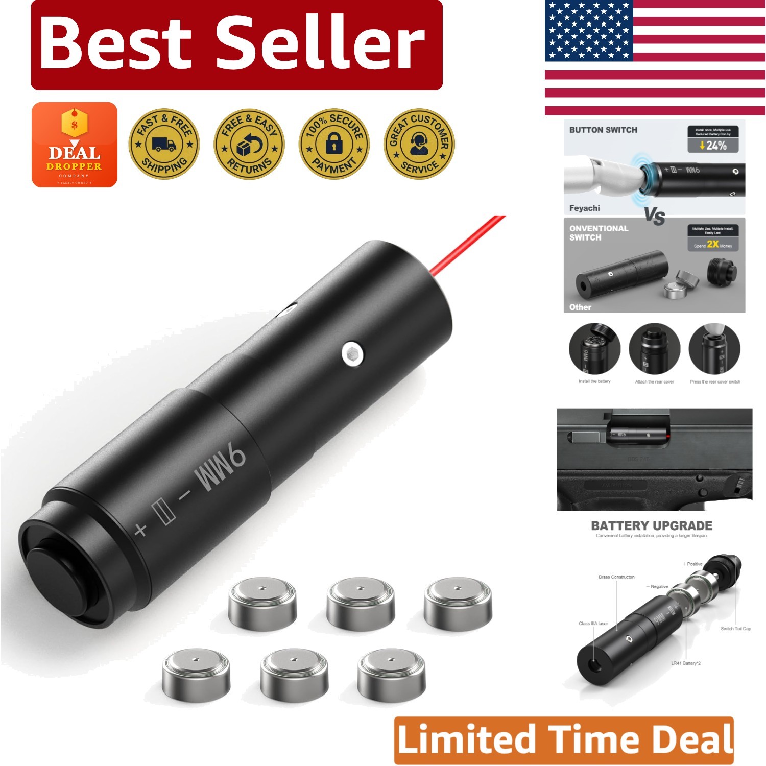 Upgraded 9mm Laser Bore Sight with Long Battery Life and Easy Activation
