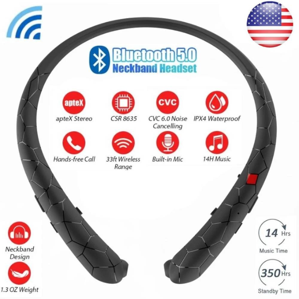Sweatproof Neckband Headset Wireless Bluetooth Retractable Headphones Earbuds