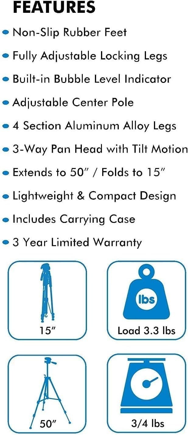 Adjustable 50-Inch Tripod for Smooth Pan & Tilt, Ideal for Content Creation