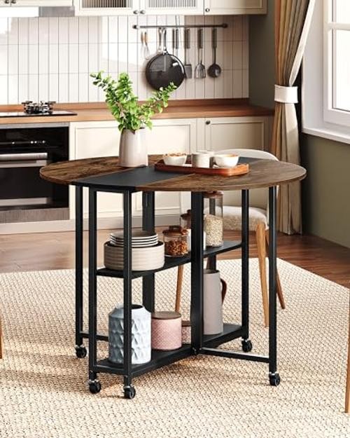 Folding Dining Table, Kitchen Table with 6 Wheels, Folding Round Table with 2