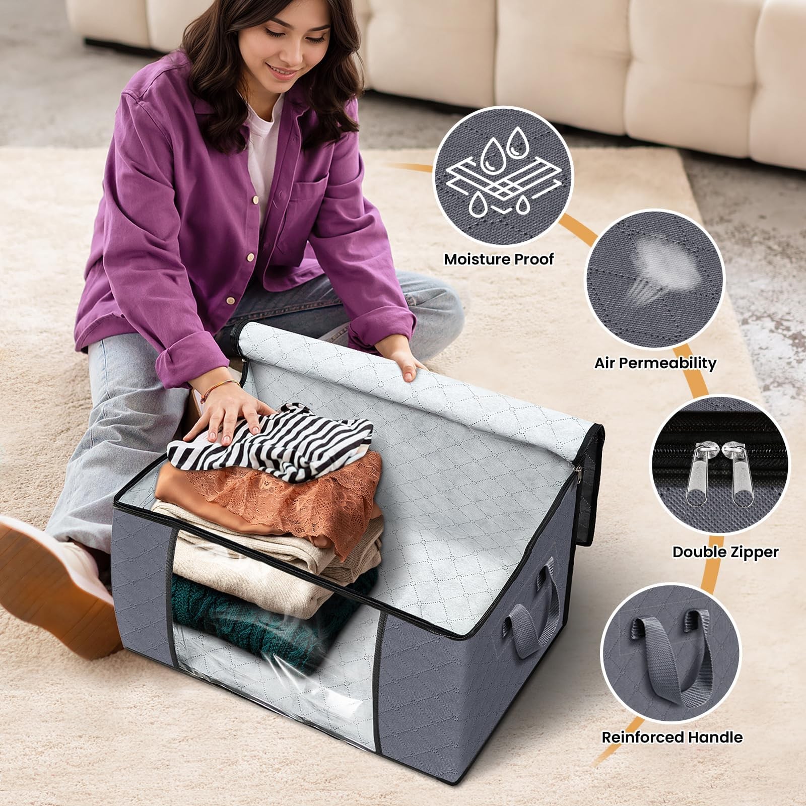 6 Pack Grey Clothes Storage Bags, Foldable Fabric, Handle, Closet Organizer