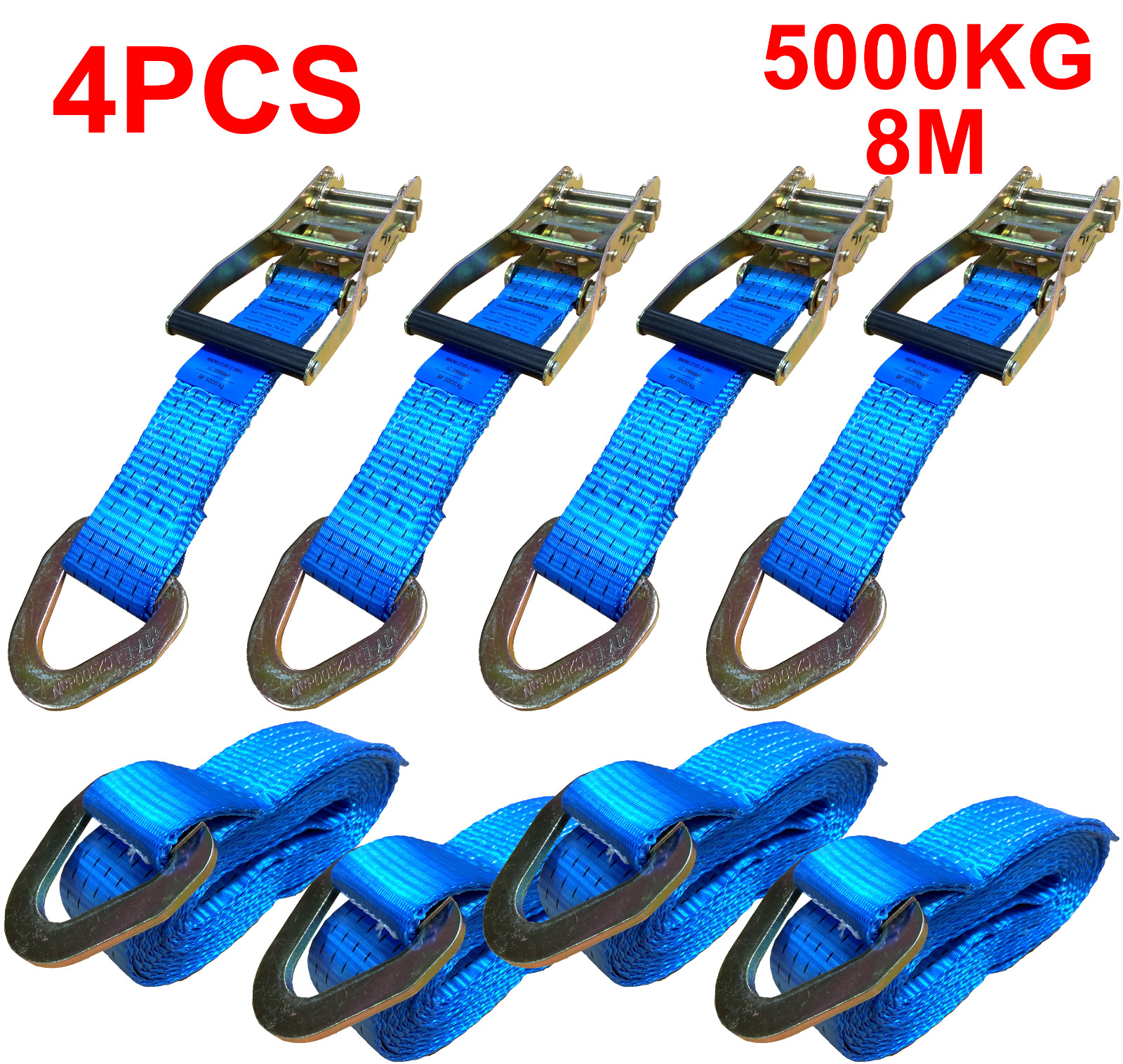 4PCS D Ring Ratchet Lashing Strap Blue 8M 5000KG Breaking Strength