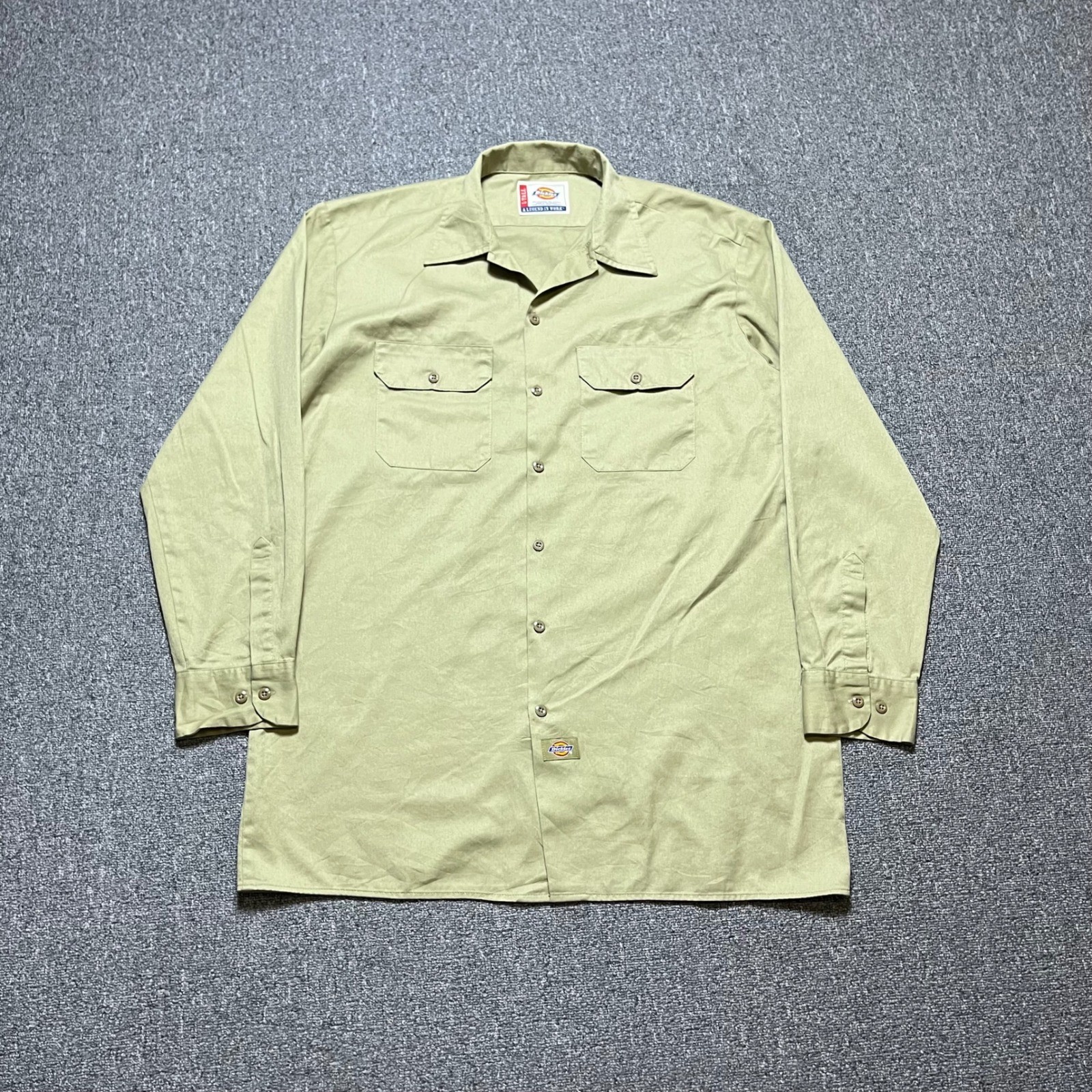 Dickies Work Shirt Size L-Tall Khaki Tan Long Sleeve Button Up Twill Utility