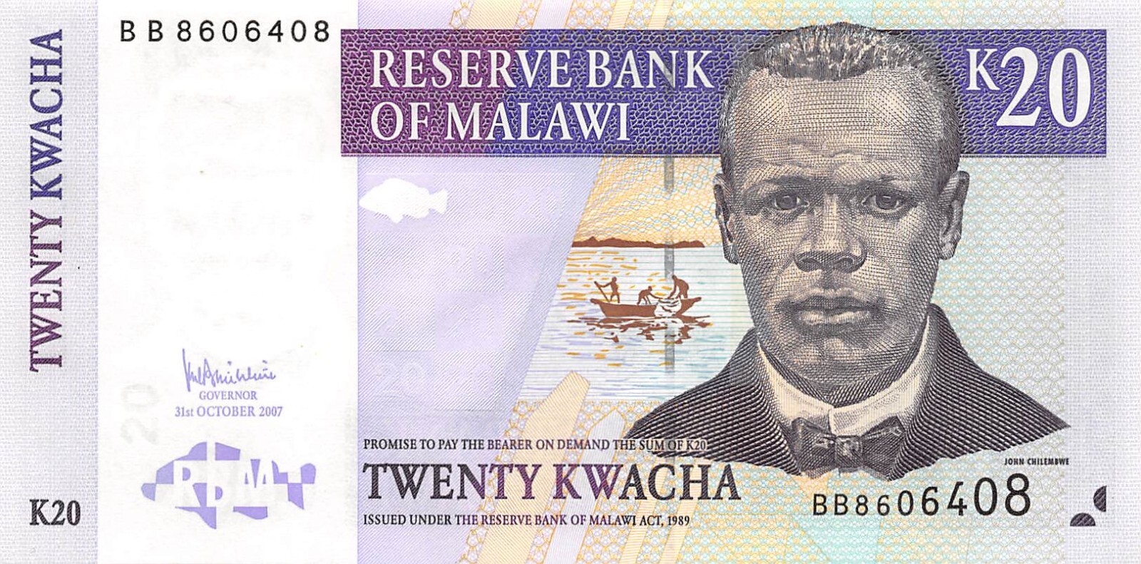 Malawi 20 Kwacha 31.10.2007 Series BB Uncirculated Banknote 2D2