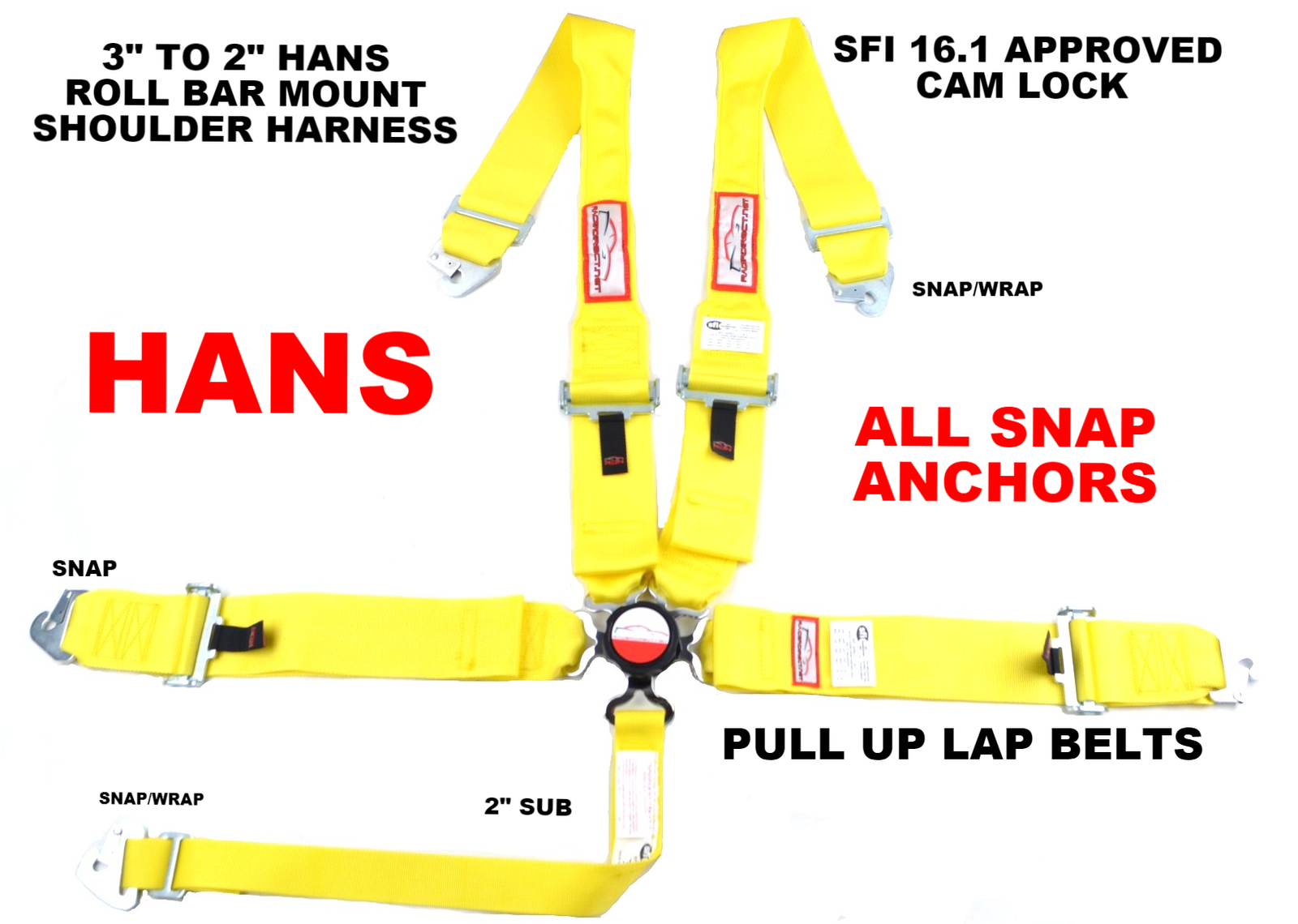 YELLOW SNAP IN ROLL BAR MOUNT RACE HARNESS WITH HANS SHOULDERS BELTS SFI 16.1