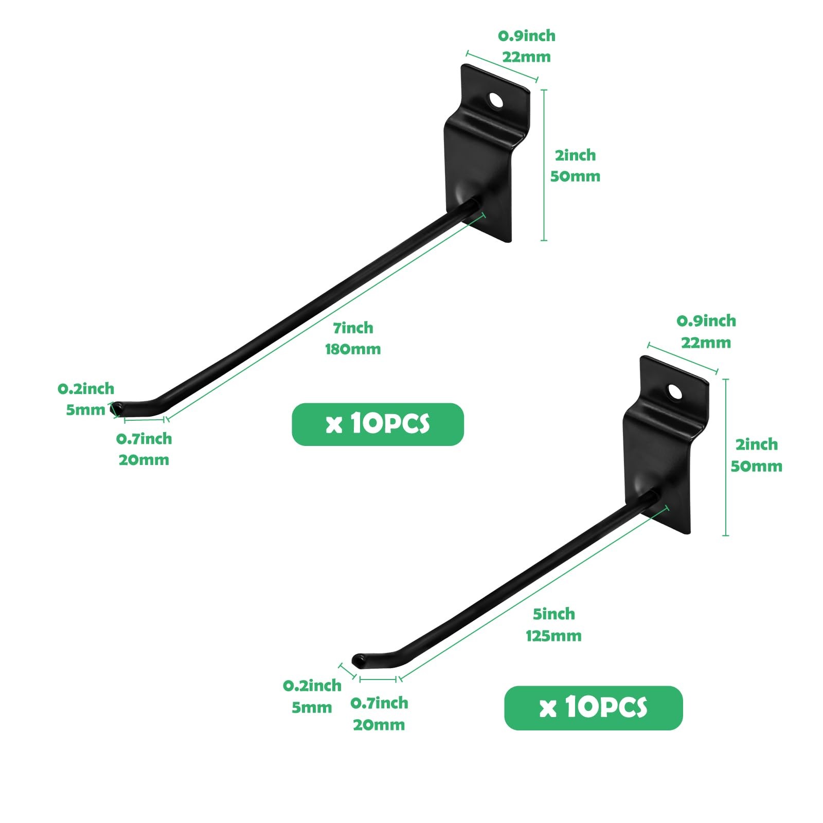 Yauhar 20Pcs 6" and 8" Slatwall Gridwall Hooks Bulk Set, 4mm Thickness Black