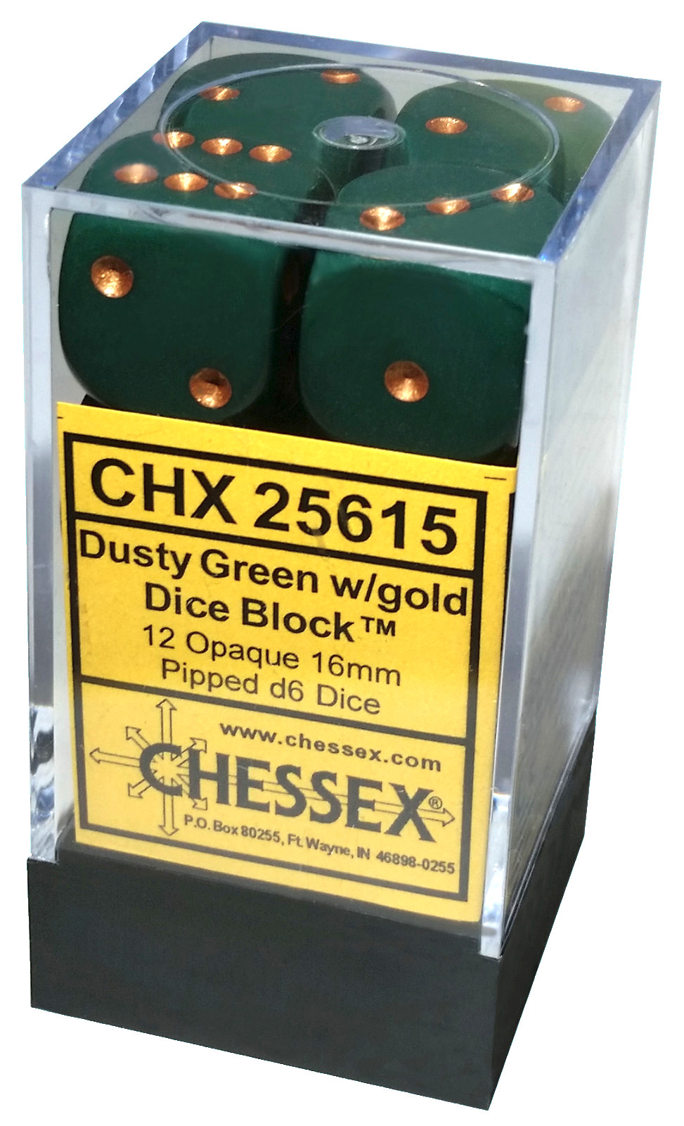 Chessex 12 dice set Opaque Dusty Green with Gold New d6 16mm CHX25615 die