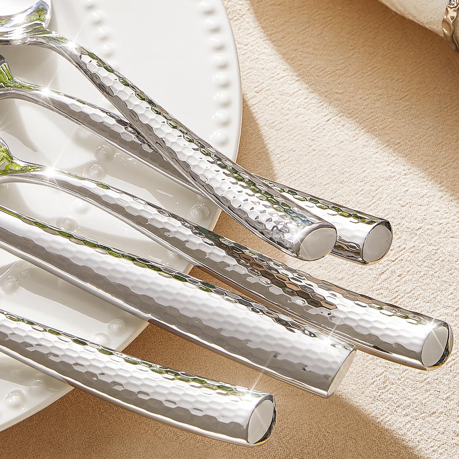 Kingstone Hammered Silverware Set, 5-Piece Flatware Set for 1, 18/10 Stainles...