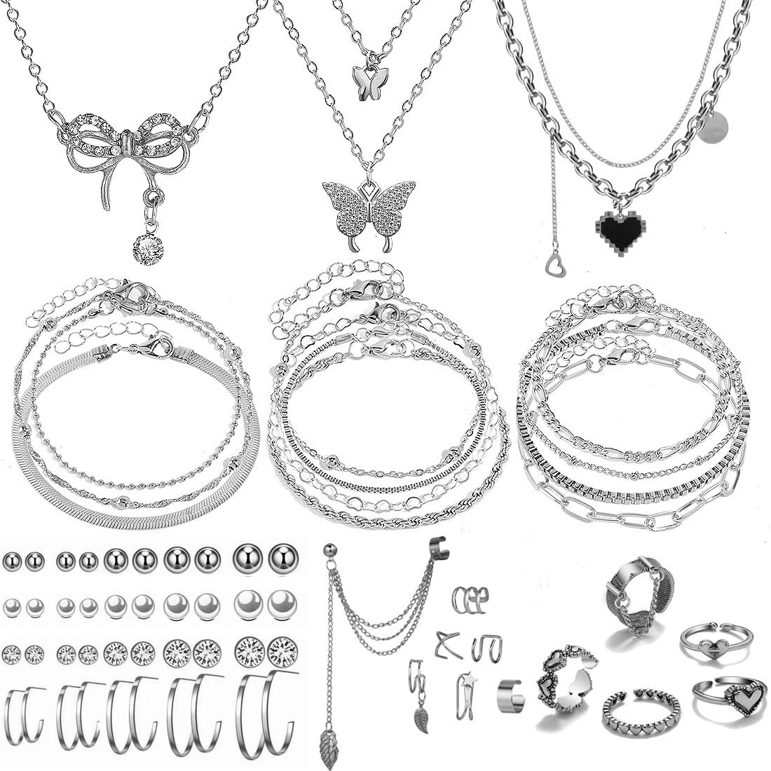 IFNODO 47pcs Silver Jewelry Set With 3 PCS Necklace, 11 adjustable,