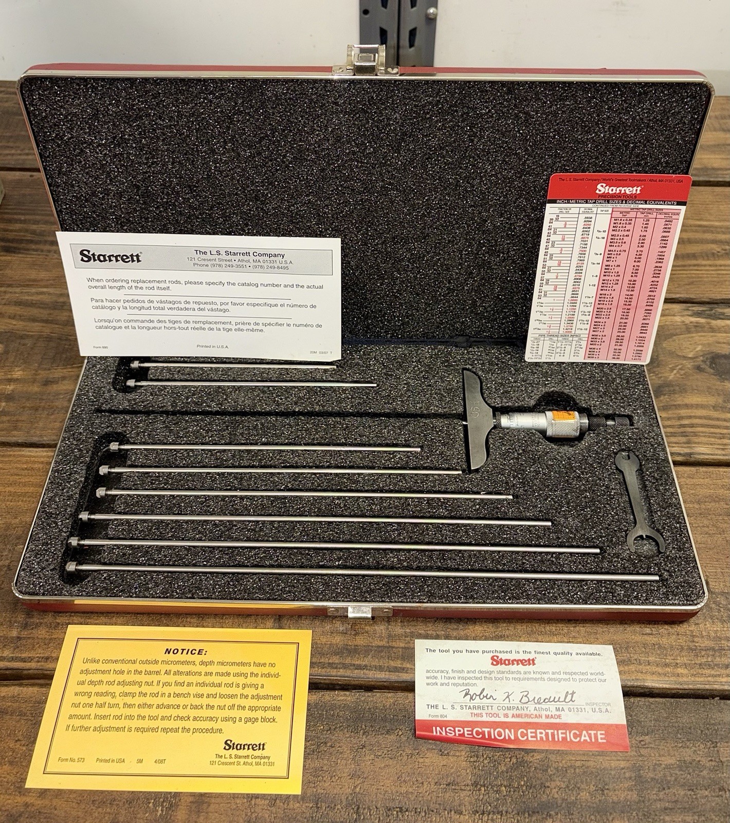Starrett 445AZ-9RL Depth Micrometer Gage, 0-9" Range, Ratchet Thimble