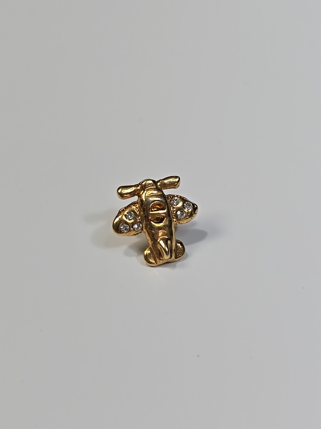 Airplane Lapel Pin Gold Color Metal w/ Clear Faceted Faux Jewels Small Size