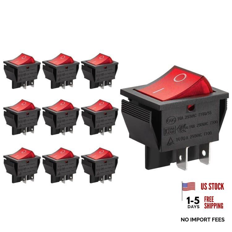 Rocker Switch ON-Off DPST 4 Terminals Red Light 16A 250VAC () | Illuminated 10