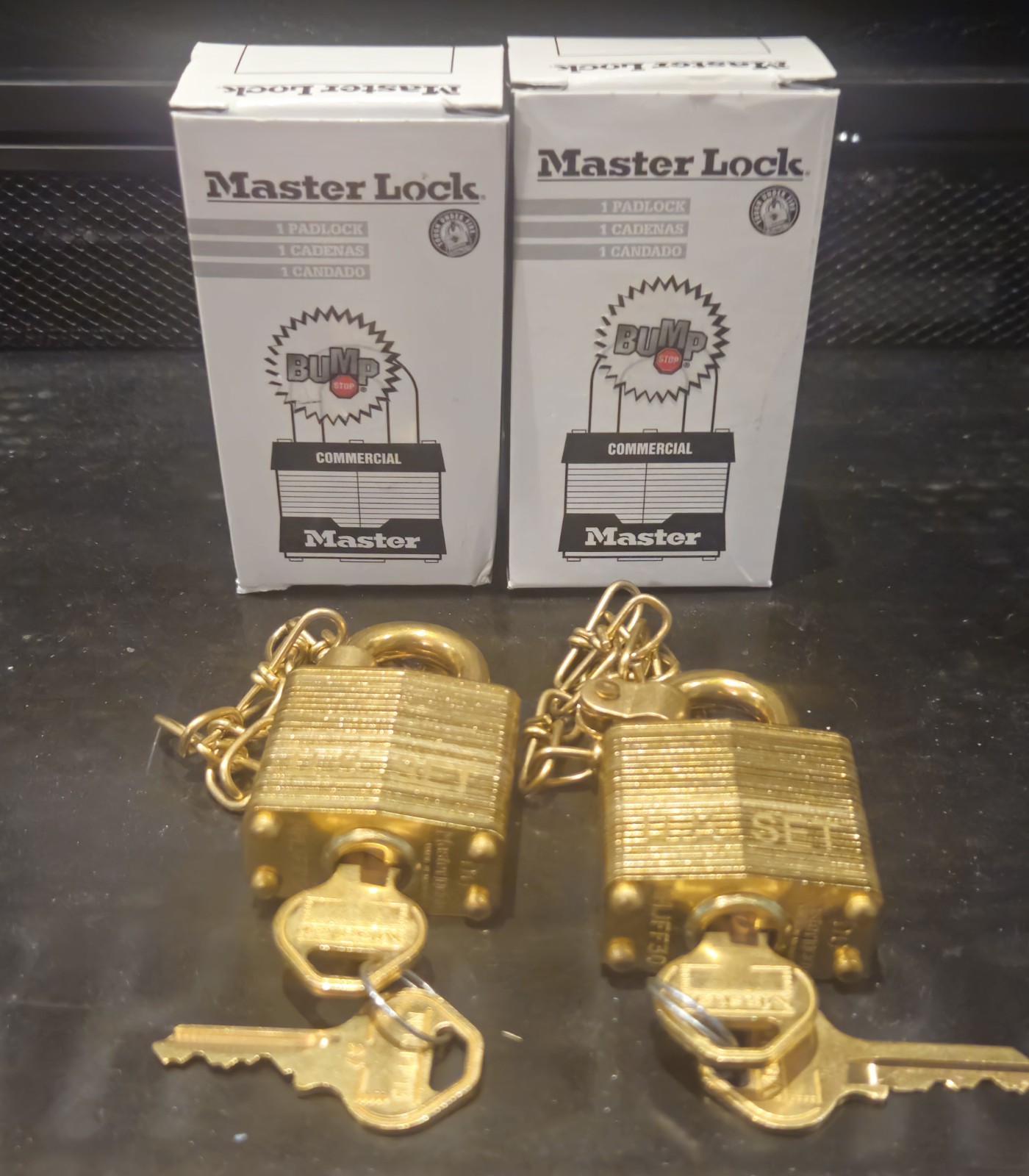 Master Lock Commercial Keyed Different Bump Stop 2 Pack Shackled Brass W/Chain