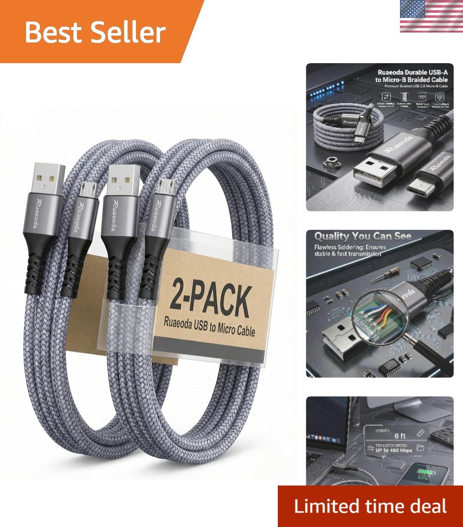 Fast Charging 6ft Heavy Duty Micro USB Cables - Pet Resistant & Versatile