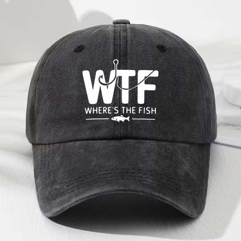 Unisex Baseball Cap - WTF Where's the Fish, Black, Adjustable, Fishing Hat