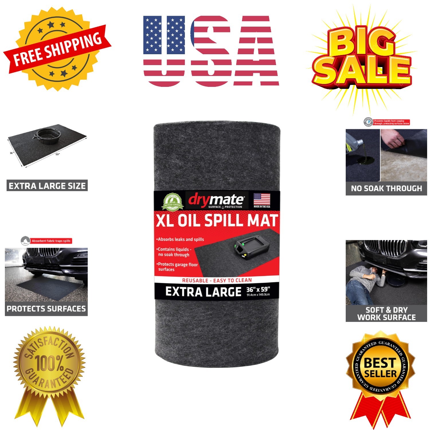XL Oil Spill Mat 36" x 59",  Absorbent Oil Pad, Reusable, Washable, Durable, ...