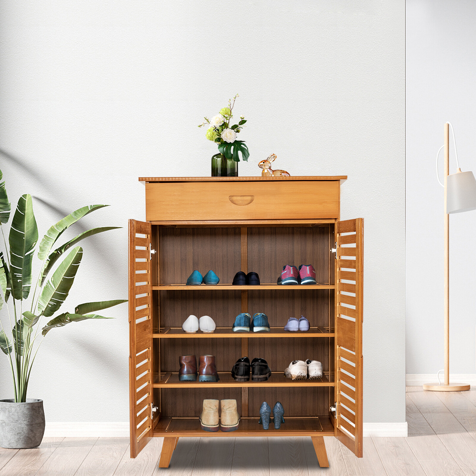 4-Tiers Bamboo Shoe Cabinet Entryway Hallway Rectangular Shoe Storage Cabinet