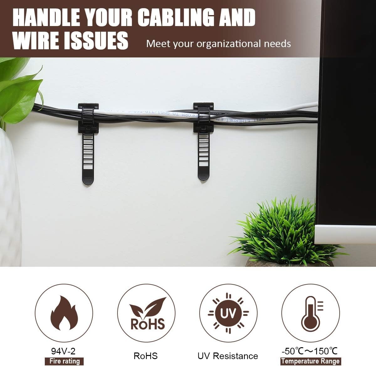 50Pcs Adhesive Cable Management Clips with 50Pcs Zip Ties, Adjustable Nylon Cabl