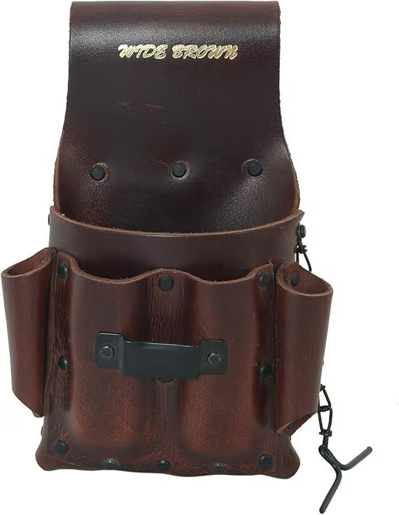 Wide Brown Leather Tool Pouch: 5-Pocket Electrician's Belt