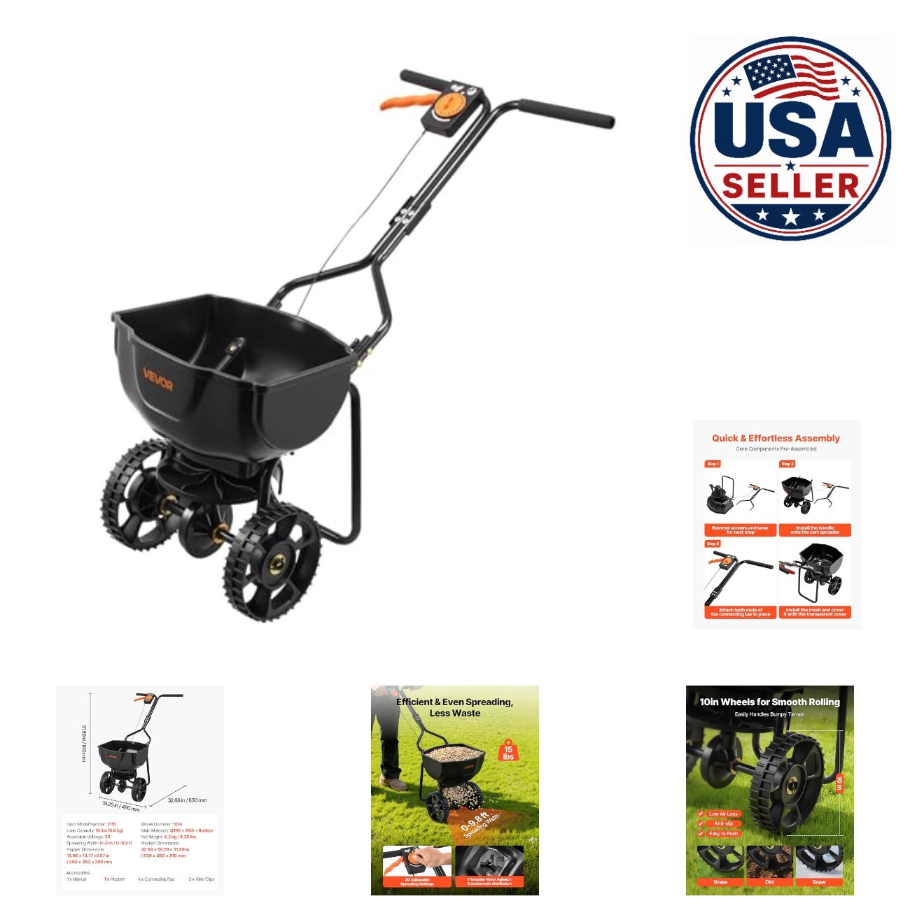 Broadcast Spreader 9.8ft 15lbs Hopper 10in All-Terrain Tires Push Lawn